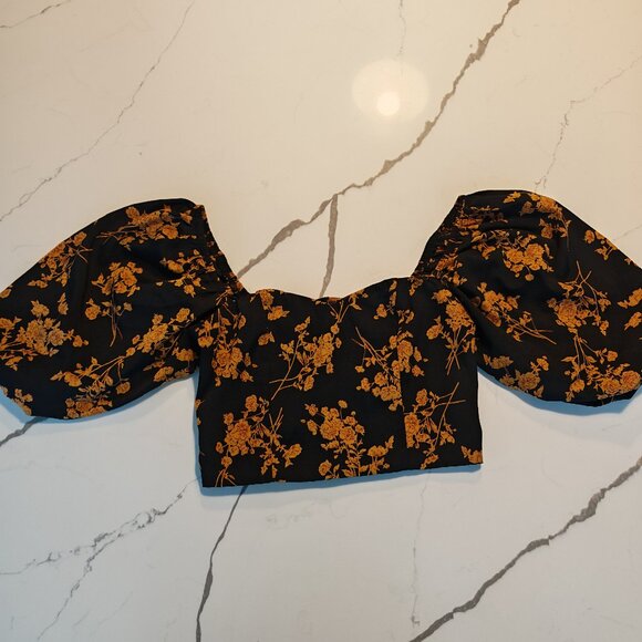 Black Floral Puff Sleeve Crop Top – Square Neck Romantic Cottagecore Size S - Picture 7 of 10
